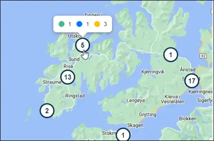 Se hvor tromlene dine befinner seg. Kartet har også praktiske fargekoder: grønt betyr full trommel, blå betyr brukt og gul betyr at trommelen er tom.